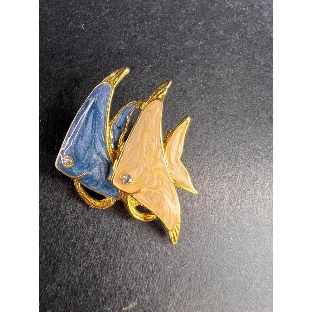 Vintage MCJ Signed Exotic Fish Gold Tone Brooch Pin - Rhinestones, Enamel